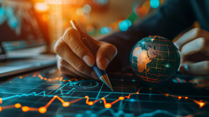 Poster - Close-up of a hand holding a pen over digital financial charts, with a globe in the background, representing global financial analysis and technology. Analyzing Global Financial Data with Technology

