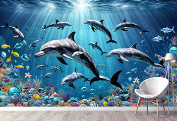 Wall Mural - dolphins swimming in the ocean with coral reefs