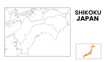  Shikoku Map. Outline state map of Shikoku. Political map of Shikoku with a black and white design.1