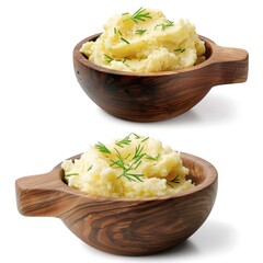 Wall Mural - Mashed potatoes in a wooden bowl, side and top view