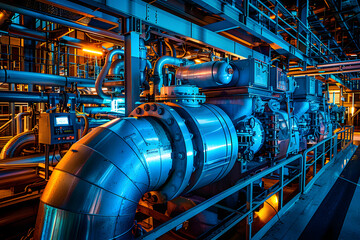 Poster - large industrial machinery in a factory, featuring turbines and complex pipelines illuminated in blu