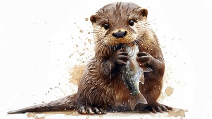 Curious otter playfully holds a fresh fish