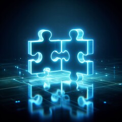 Futuristic image of two glowing blue puzzle pieces connecting, symbolizing connection and teamwork, set against a dark digital background.. AI Generation