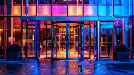 The entrance to the hotel was a revolving door made of glass and steel