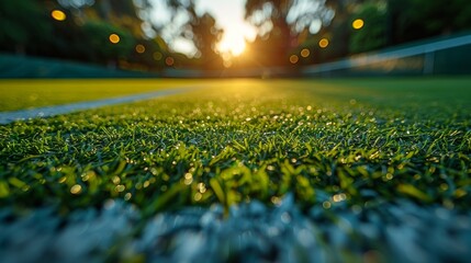 Sticker - ground level close-up of a freshly mowed grass tennis court, sunrise tennis court, tennis club tournament. 