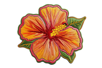 Wall Mural - Vibrant hibiscus flower illustration with detailed petals and green leaves, perfect for nature-themed designs and creative projects.