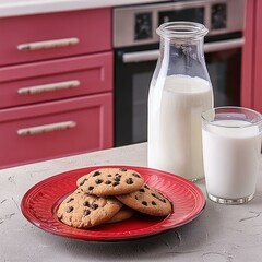 milk and cookies on a red plate in a kitchen
