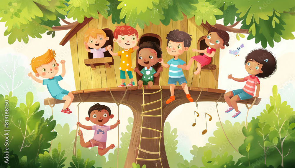 Illustration Stock Happy Children Playing in a Treehouse - Spark ...
