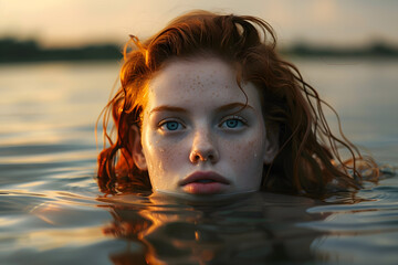 Wall Mural - Close up Portrait of a redheaded woman partly submerged in water at sunset