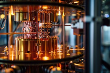 Poster - quantum computer processor with glowing electrons background