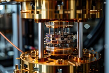 Poster - quantum computer processor with glowing electrons background