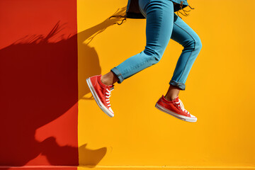 Woman in red sneakers jumping with folded legs, background to yellow and blue wall, closeup
