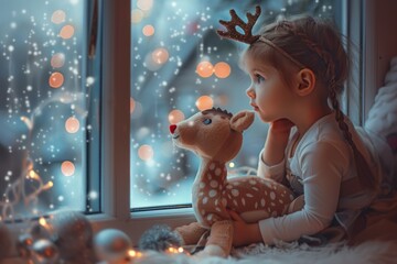 Wall Mural - A young girl sits on a window sill with her favorite stuffed animal. Perfect for children's book illustrations