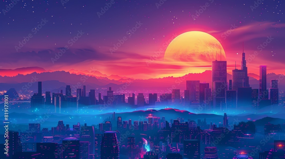 futuristic city at dusk, sunset, HD Wallpaper; In the style of ...
