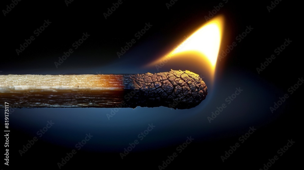 Intense close-up of a newly lit matchstick, flame flickering at its tip ...