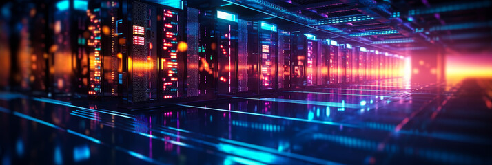 Poster - high-performance network operation in a modern data center with vibrant lighting
