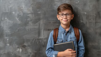 Back to school banner with cheerful young boy wearing glasses and holding a blackboard