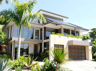 modern house exterior in northern australia, beige and white tones with greenery, front view