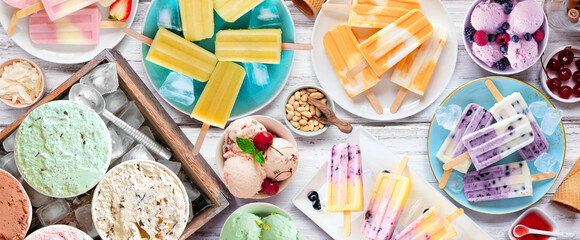 Poster - Cool summer food table scene. Variety of refreshing ice cream, popsicle and frozen treats. Above down view on a white wood banner background.