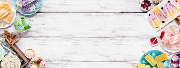 Poster - Cool summer food double border. Selection of refreshing ice cream, popsicle and frozen treats. Top down view on a white wood banner background.