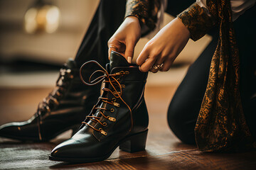 Woman wearing stylish jacket tying black boot laces