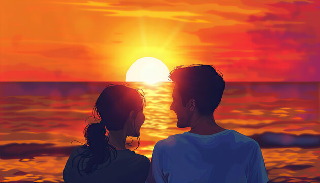 Happy Couple Watching Sunset on Beach - Experience the beauty of nature with this image of a happy couple watching the sunset on the beach, perfect for illustrating romance or tranquility concepts