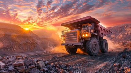 Sunset view of a large mining truck in action at a coal mine, dust billowing.