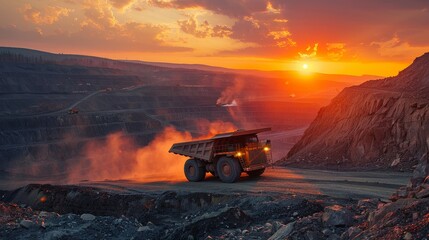 At sunset, a massive mining truck works at a coal mine, with clouds of dust rising.