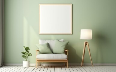 Wall Mural - Bright and Fresh Green Room Mockupenhance,white blank frame ,lamp,plant