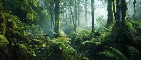 rainforest fog enhances the exotic beauty of the lush green vegetation