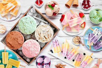 Aufkleber - Cool summer food table scene. Collection of refreshing ice cream, popsicle and frozen treats. Overhead view on a white wood background.