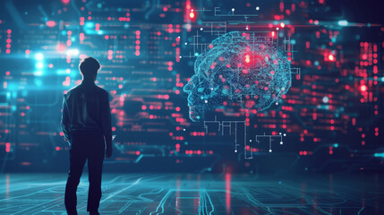 Poster - A man stands in front of a digital interface featuring an AI brain, symbolizing advanced artificial intelligence and human-technology interaction. Man Interacting with Digital AI Brain Interface

