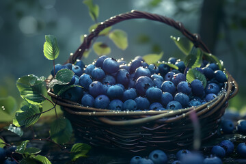 Wall Mural - A close-up of hands picking fresh, ripe blueberries from the bushes, highlighting the rich color and texture