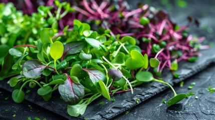 salad green tasty leaves raw mix micro greens serving size natural juicy snack. food background keto
