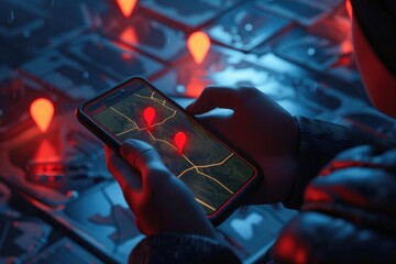 Poster - A person holding a cell phone with a map displayed on the screen. Suitable for technology and navigation concepts