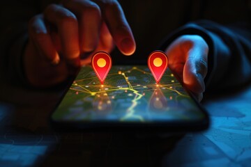 Poster - A person holding a cell phone with pin markers, useful for navigation apps
