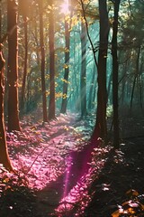 Wall Mural - a path through a forest with bright colored leaves