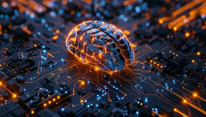 Fototapete - A brainshaped chip floating on an electronic circuit board background with blue and orange lighting effects. The intricate patterns of the circuits around it form a complex maze pattern