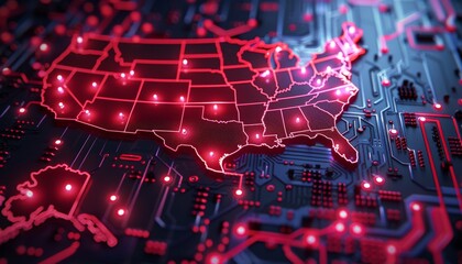 Poster - 3D rendering of a map of the United States on a digital screen with glowing red lines and a blue circuit board background. Glowing data visualization charts concept