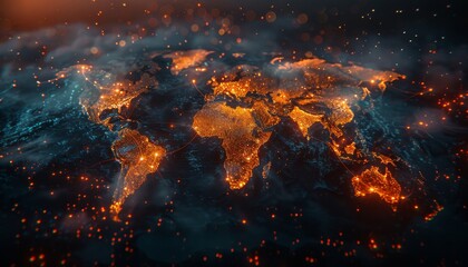 Poster - Digital world map with glowing data connections and global business network concept on dark background, in the style of orange blue color theme, bokeh effect