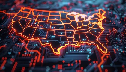 Poster - 3D rendering of a map of the United States on a digital screen with glowing red lines and a blue circuit board background. Glowing data visualization charts concept