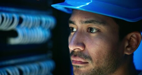 Aufkleber - Man, server room and cables for connection with information technology in night with helmet. Cybersecurity system, it network or person for fiber internet, data center and storage for problem solving