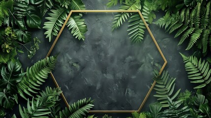 A lush green background with a gold hexagonal frame. Perfect for a natural, organic, or botanical themed project.