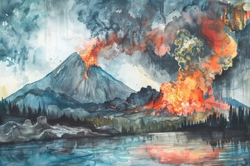 A powerful volcanic eruption emerging from a serene lake. Perfect for illustrating natural disasters