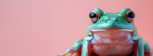 Wall Mural - A frog with red eyes is staring at the camera. The frog is green and has a pinkish hue. Green frog with a bow tie around its neck on a pastel-coloured background. 29 february leap year day concept