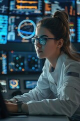 Poster - A woman in a lab coat and glasses working on a laptop. Ideal for science or technology related projects