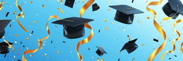 Black graduation caps in the air with golden ribbons and confetti on a blue background
