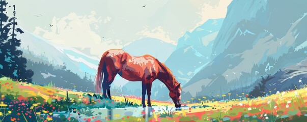 horse grazing in mountain meadow flat design side view rural life theme water color analogous color 