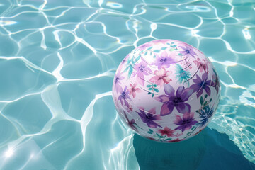 Wall Mural - purple  floral beach ball in blue swimming pool on sunny day