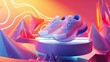 © sakareeya - Isometric 3D render of a pair of running shoes showcased on a dynamic, angular podium with energetic lighting and a vibrant backdrop